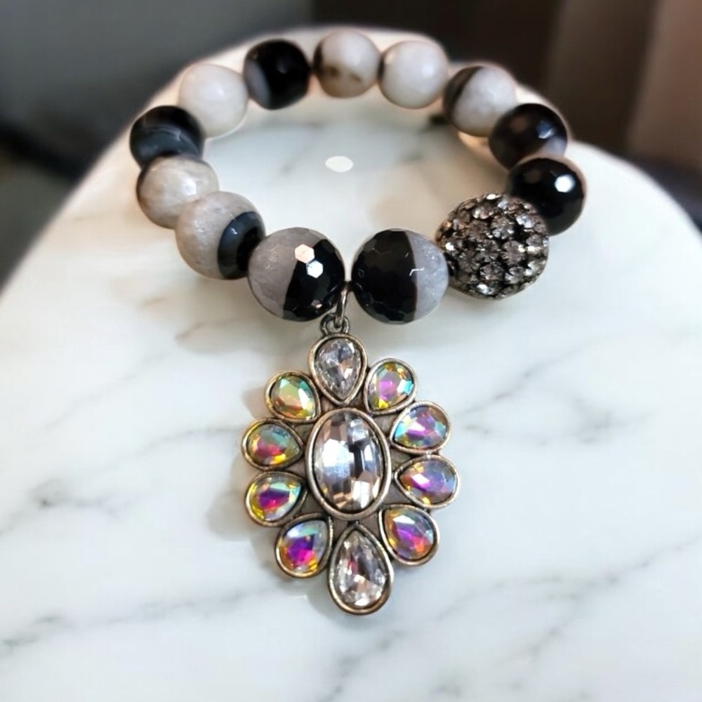 Beaded Bracelet with Dazzling Crystal Pendant - Black & White Handmade